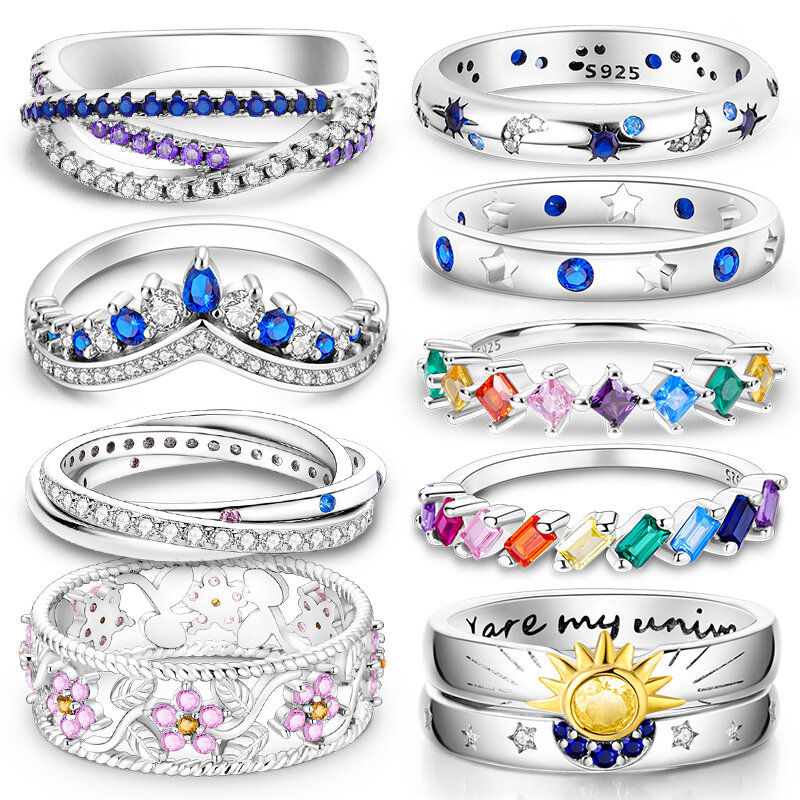 Cincin baru untuk wanita 100% 925 perak murni bintang bulan zirkon warna-warni cincin halus pernikahan pertunangan hadiah perhiasan ulang tahun