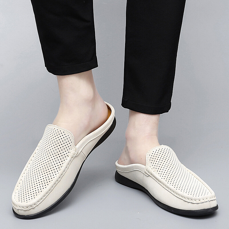 Zapatos de verano de talla grande para hombre, zapatillas de cuero de alta calidad, informales, mocasines, Chanclas, sandalias planas ligeras