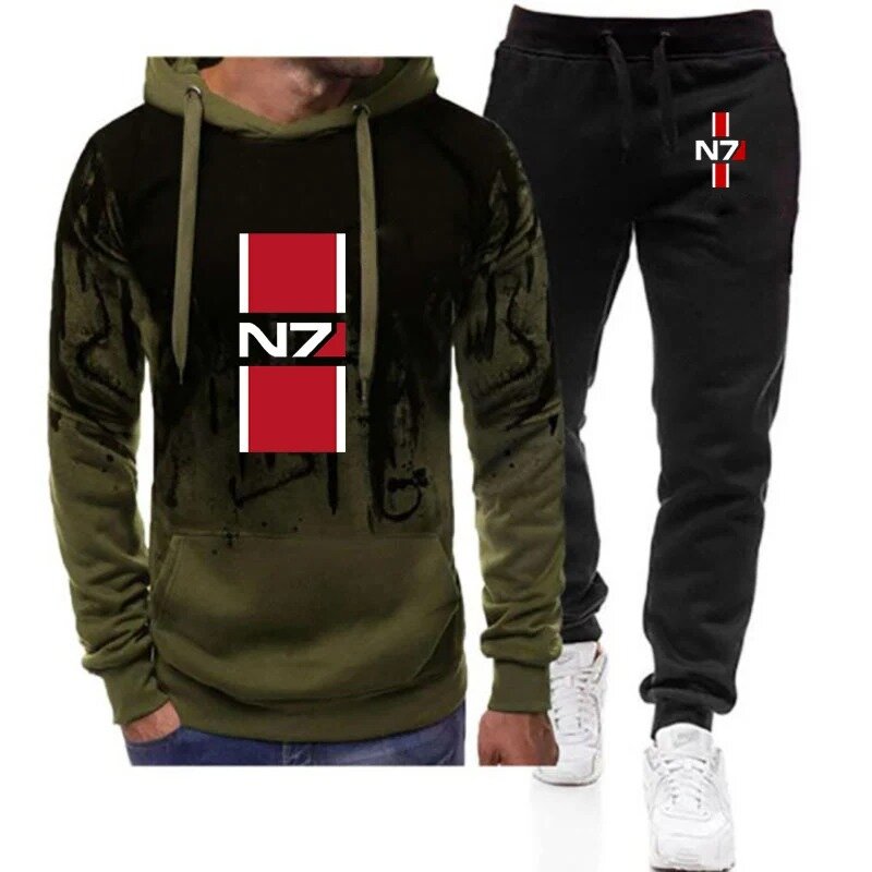 N7 Mass Effect Men New Fashion Printing Hooded Pullover Hoodie Comfortable + Sport Sweatpants Gradient Color Two Pieces Suits