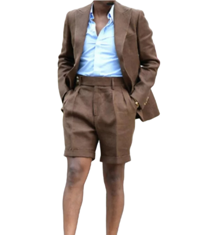 Uomo estate panno di lino abiti corti 2 pezzi Blazer con risvolto con visiera pantaloni corti Casual Street abbigliamento maschile/Costume moda Homme Set