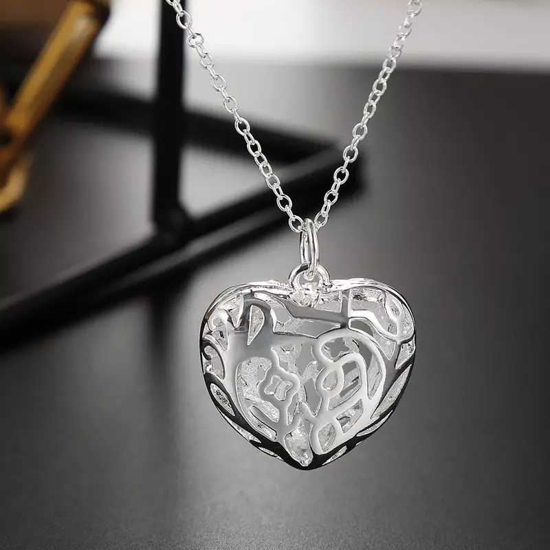 Lihong-925 Sterling Silver Heart Shape Mesh Pendant Necklace para Homens e Mulheres, Wedding Engagement Jewelry, Fashion Gift