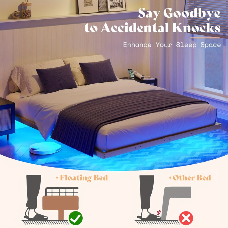 Heavy Duty Floating Bed Frame com luzes LED, plataforma de metal, nenhuma caixa, primavera necessária, sem ruído