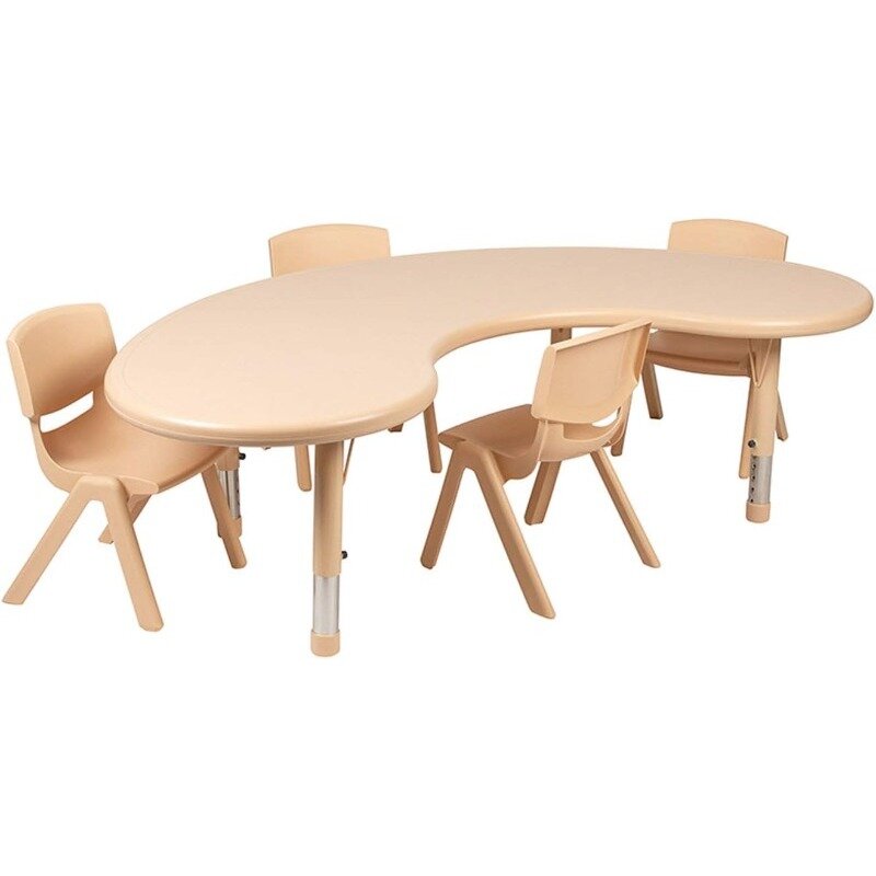 35 "W X 65" L Set tavolo da attività regolabile in altezza in plastica naturale a mezza luna con 4 sedie, Set scrivania e sedia per bambini