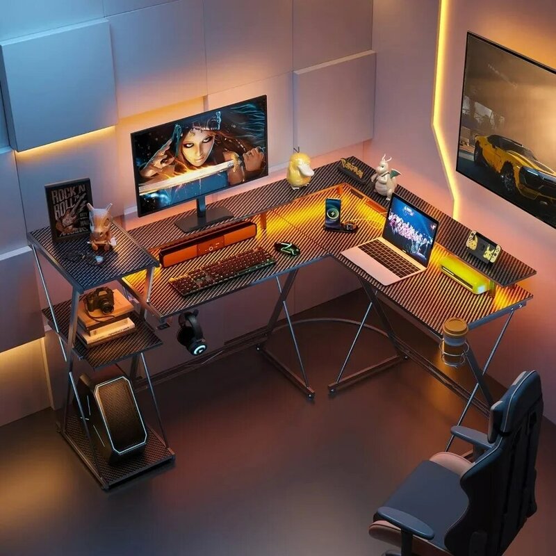 Bureau de jeu en forme de L avec lumières LED et prises de courant, bureau d'ordinateur réversible, étagère de rangement, support de moniteur, 50"