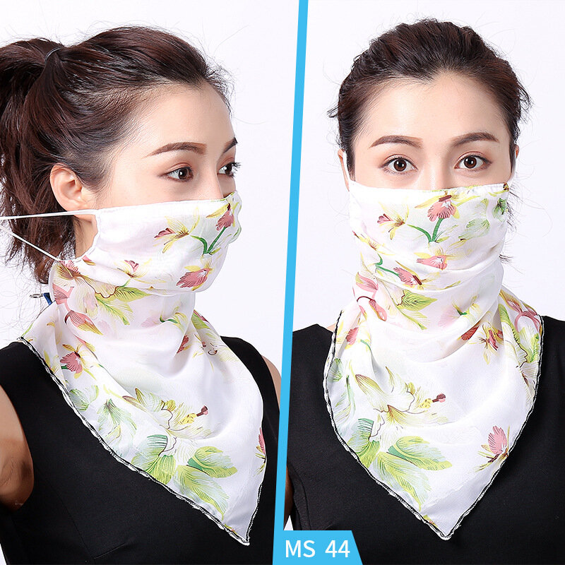 Adjustable ear hanging face mask women's double-layer chiffon sun protection scarf printed face veil neck cover dust-proof scarf
