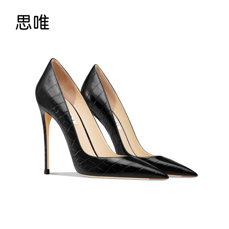 High Heels For Women 2023 Genuine Leather Black Crocodile Pointed With Low Heel Toe Shoes Comfortable Elegant Office Pumps Shoes