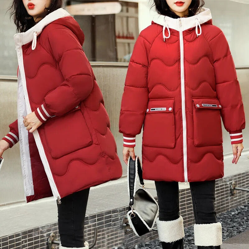 Jaket Berlapis Katun Parka Wanita 2022 Jaket Musim Dingin Baru Mantel Panjang Tebal Hangat Jaket Parka Berkerudung Longgar Korea Pakaian Luar Wanita