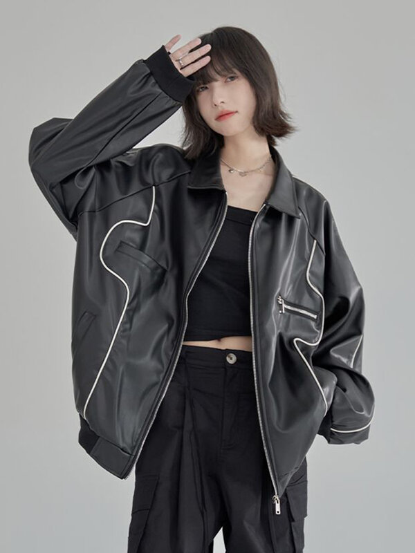 Jmprs Harajuku Women Moto Pu Jackets Streetwear Retro Black Faux Fur Biker Coat American Bf Loose Long Sleeve Casual Outwear New