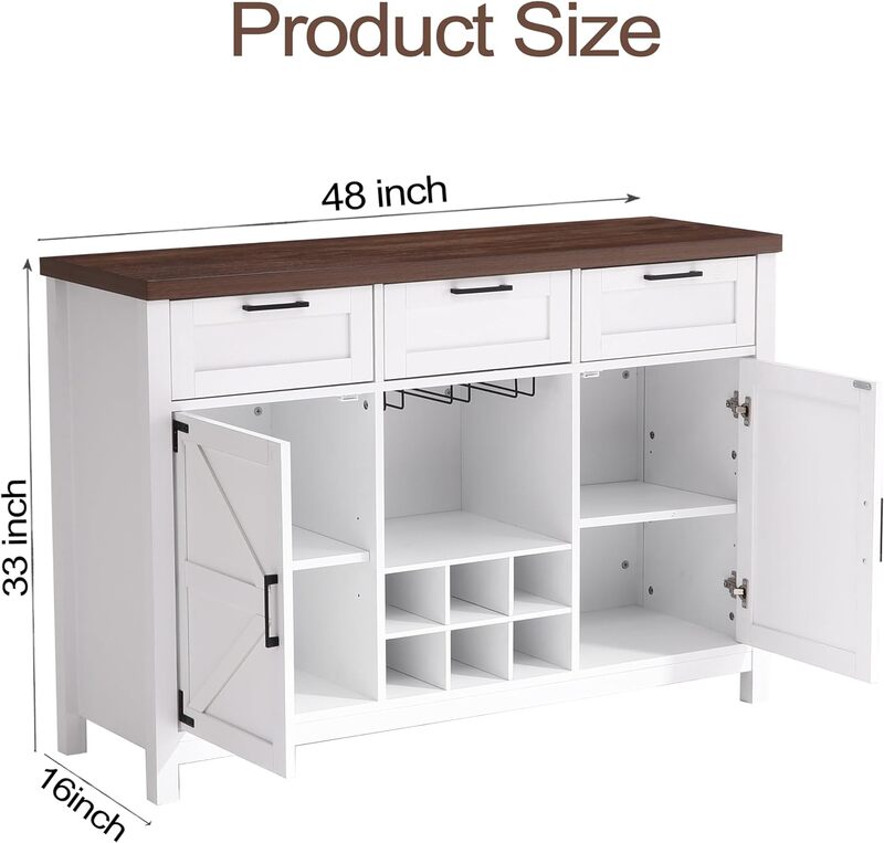 48" Sideboard Coffee Wine Bar Cabinet w/ Wine & Glass Rack, Liquor Coffee Bar Cupboard w/ 3 Drawers & 2 Barn Door