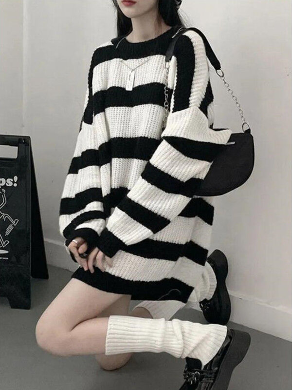 Deeptown Gothic Sweaters Women Harajuku Punk Knitted Stripes Jumper Vintage Plus Size Loose Long Sleeve Pullover Tops Streetwear