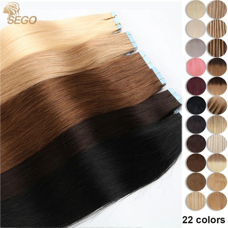 Sego-ヘアエクステンションのストレートテープ、本物の人間の髪の毛、肌の横糸、シームレス、目に見えない、両面、ins、20個、1個あたり2.5g
