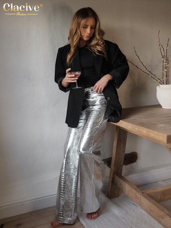 Clacive Vintage Sliver Pu Leather pantaloni da donna 2023 moda a vita alta pantaloni a figura intera Streetwear Y2k pantaloni dritti femminili