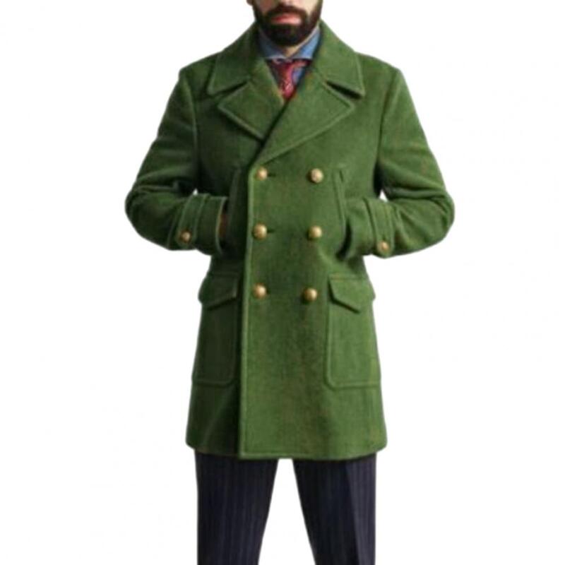 Mantel Trench Formal untuk pria, mantel Trench berkancing dua baris gaya Inggris dengan saku kerah takik warna polos tebal panjang untuk musim gugur