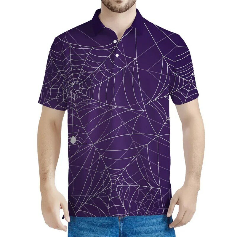 남성용 공포 코브웹 패턴 폴로 셔츠, 3D 프린트 스파이더 티셔츠, 캐주얼 스트리트 단추 티셔츠, 라펠 반팔, 여름