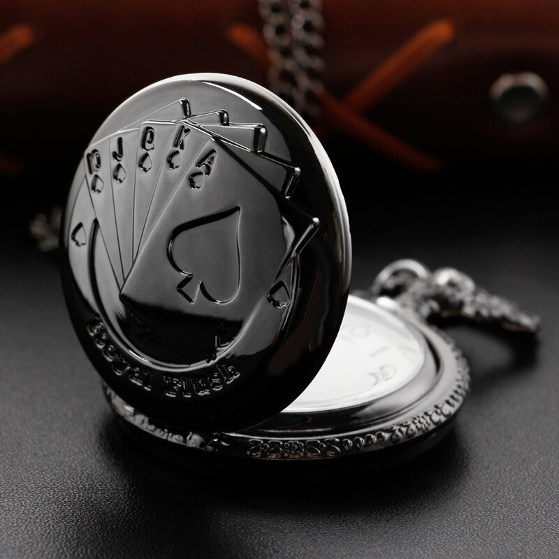 Classic Black Poker Carving Unisex Fashion Roman Digital Quartz Steam Punk Pocket Watch Women's Necklace Pendant with Chain Gift