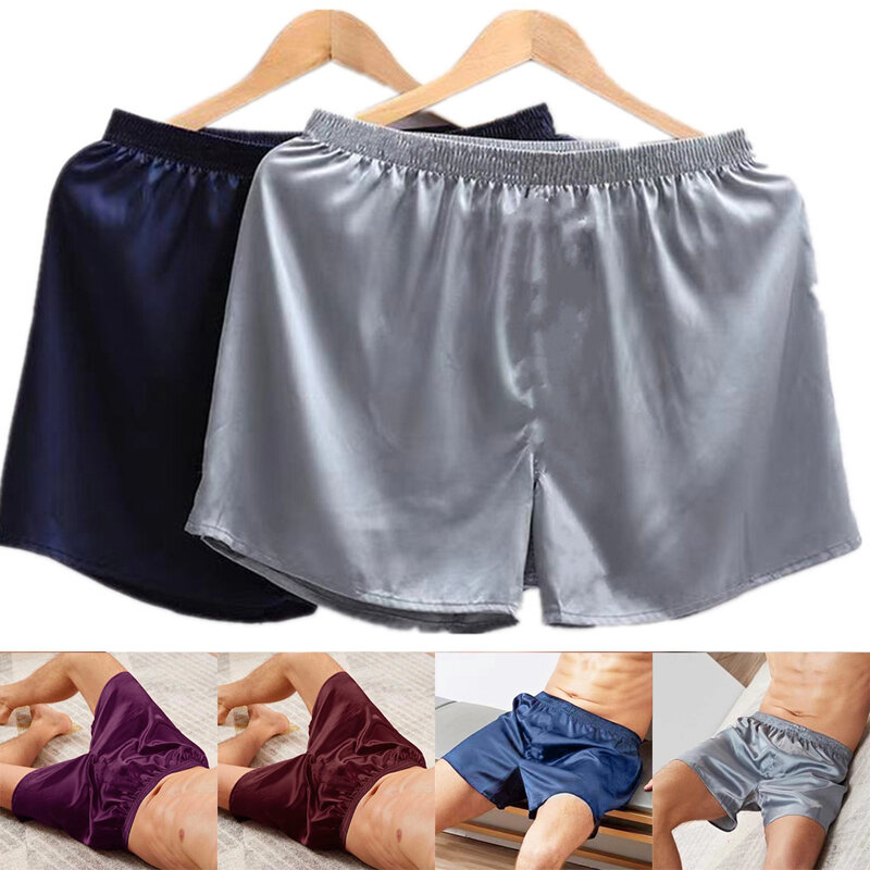 Bóxer de seda satinada para hombre, pijama Sexy, pantalones cortos lisos, holgados, L-3XL