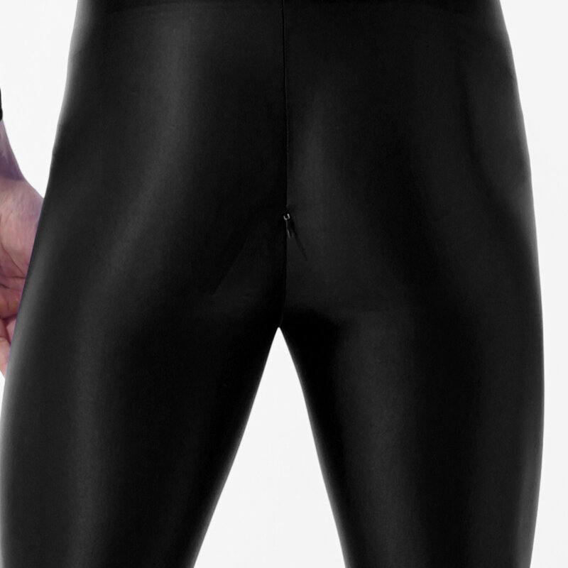 Homens de uma peça preto shimmery suave lingerie pescoço alto mangas compridas tornozelo comprimento duplo-fim zíper collant bodysuit macacão