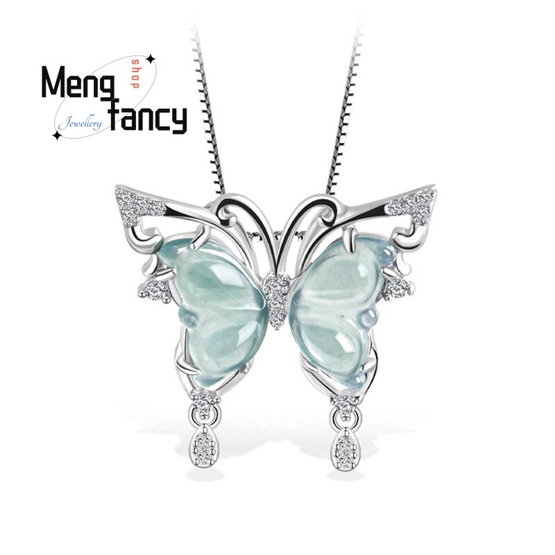 S925 Silver Inlaid Genuine Natural A-goods Jadeite Blue Water Butterfly Ice Jade Pendant Ring Exquisite Elegant Fashion Jewelry