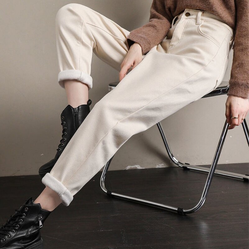 Fleece-Lined Casual Retro Women in Plush Jeans Pants y2k Autumn Winter High-End Slim Fit Look Straight Leg Cigarette Pants Women