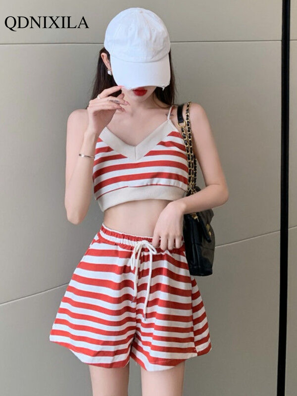 2022 Summer Women's Shorts Set Chic Sports Casual Striped Female Camis Top Loose High Waist Wide Leg Shorts 2piece Set Tracksuit