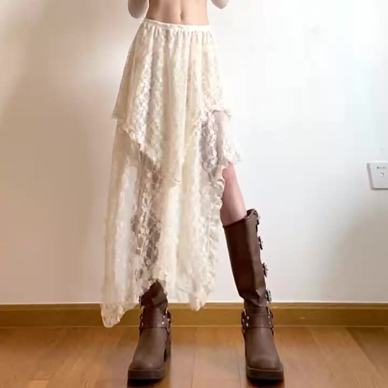 Faldas asimétricas de verano para mujer, diseño de encaje bohemio Y2k, media pantorrilla, moda suelta, estética, diario universitario