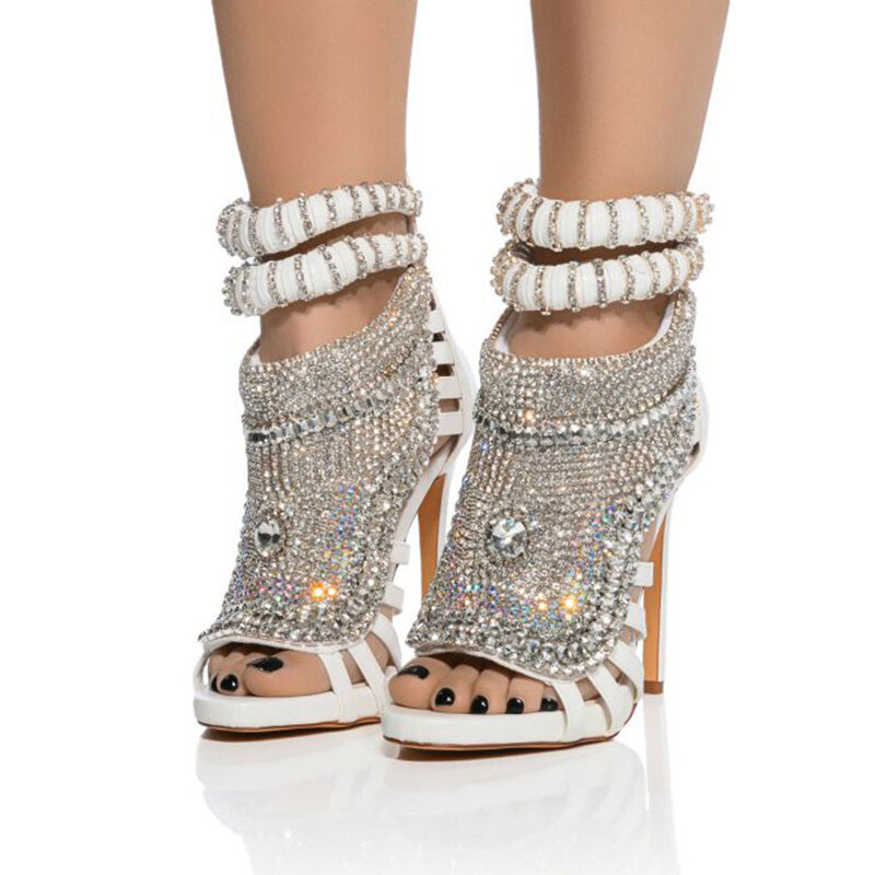 Luxe Design Diamanten Vrouwen Naaldhakken, Grote Maat 47 Stiletto Sandalen, Strass Dames Feestjurk Muilezelschoenen Glitter