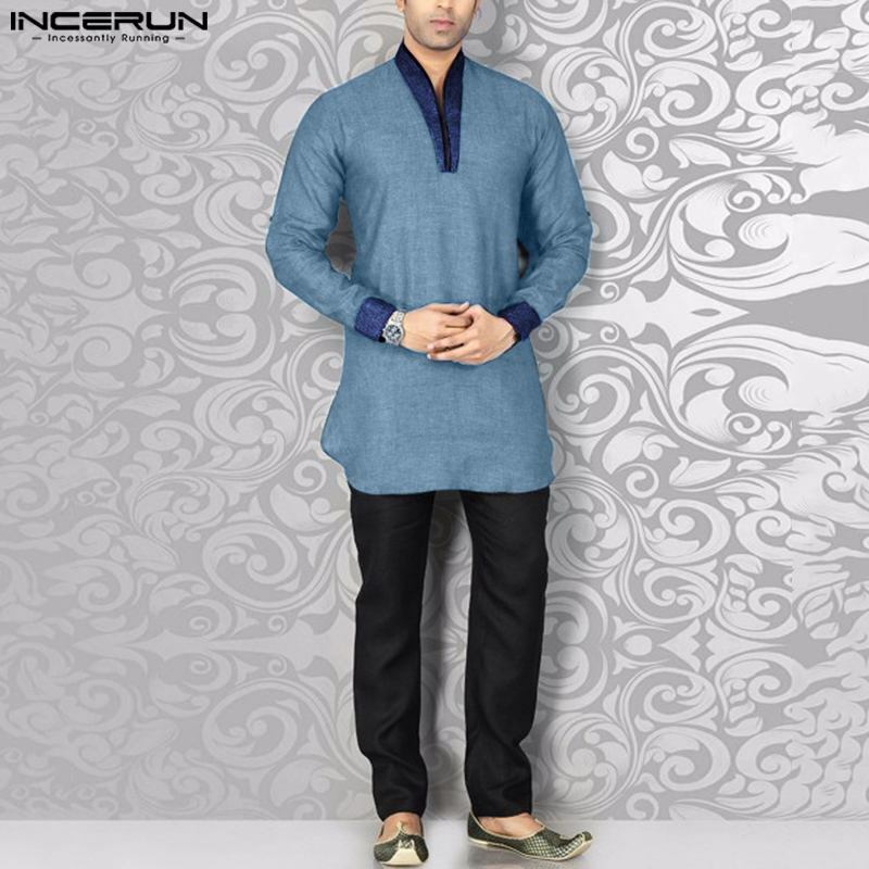Camisas de manga comprida estilo do Oriente Médio INCERUN masculino, top muçulmano, design de retalhos de cores duplas, blusa de gola em pé, 2023