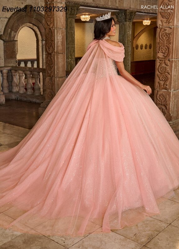 EVLAST-Vestido de Baile Quinceanera Rosa com Capa, Lace Applique, Beading Crystal, Blush Pink, Sweet 16, TQD440