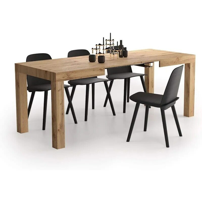 Square retractable dining table, rustic oak, fits 6-8 people, 47.2(77.6) x31.5 inches, suitable for kitchen, living room
