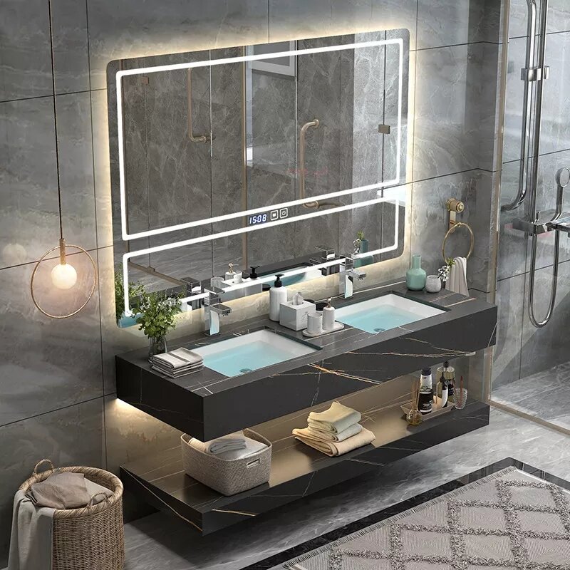 Lavabo doble colgante de pared para baño, lavabo flotante moderno, lavabo superior de mármol de piedra sinterizada, tamaño personalizado