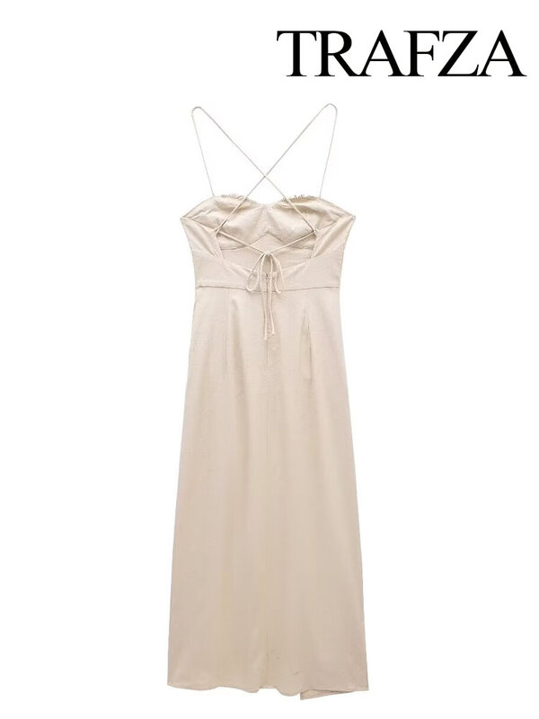 TRAFZA Female Chic Summer Elegant Solid Folds Sleeveless Dress Fashion Casual Backless Split Long All-Match Dresses Vestidos