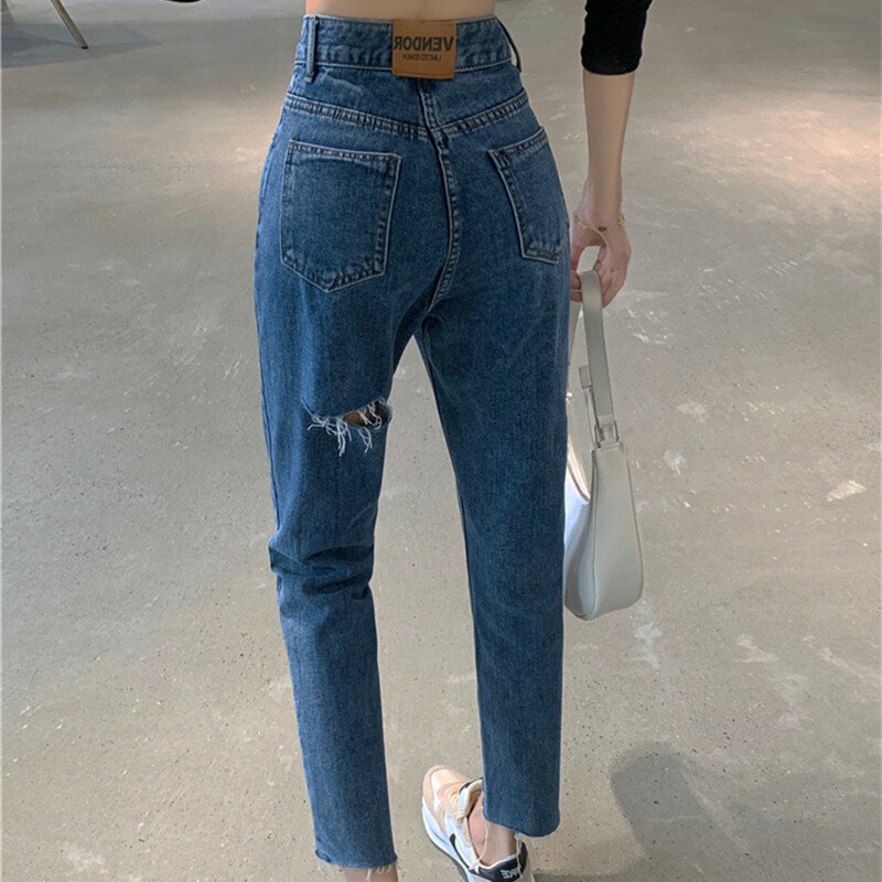 Wysokiej talii proste dżinsy dla kobiet otwory zgrywanie kostki spodnie dżinsowe kobiece lato Jean koreański moda jesień spodnie 0177