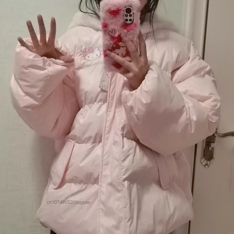 Kawaii Sanrio утепленное хлопковое пальто для женщин с вышивкой Hello Kitty одежда для хлеба Y2k Милая парка для девушек милый мультяшный Топ Универсальный