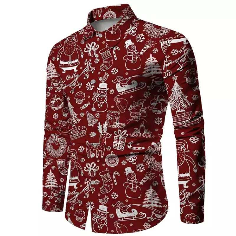 Camisa con estampado HD de copo de nieve de Navidad para hombre, Tops de manga larga con solapa de botones, Año Nuevo, 6XL, estilo de fiesta, nuevo