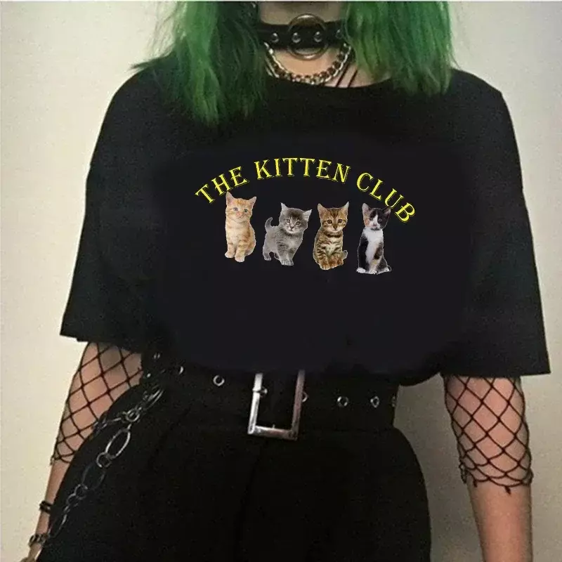 Maglietta da donna Kawaii oversize The Kitten Club Streetwear maglietta bianca a maniche corte Femme maglietta coreana carina Grunge Y2k Tee