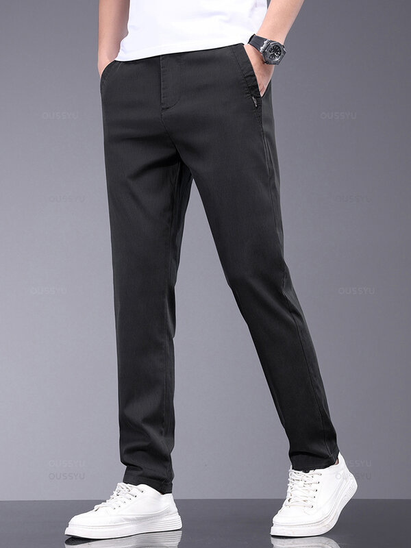 OUSSYU-Pantalones informales de tela Lyocell para hombre, pantalón de negocios de cintura elástica delgada, color gris, suave y elástico, para primavera y verano