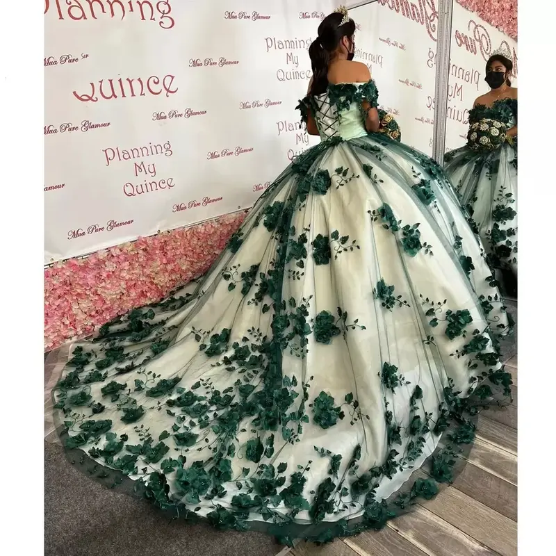 Abiti floreali Quinceanera per 15 Party 3D Flower Lace cenerentola Princess Birthday Gowns Vestidos De 15 Anos