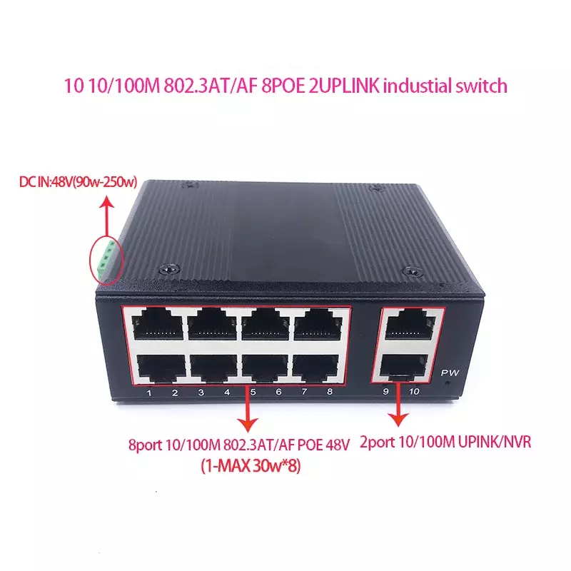 10 10/100M POE48V POE IN48V POE OUT 48v 8-port 802.3at/af poe 90w-250w dengan 2-port 10/100M uplink/nvr