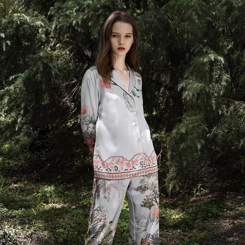 Birdtree-Conjunto de pijama de seda real para mulheres, 100% seda, manga comprida, lapela, calça casual, respirável, conforto, loungewear suave, outono, 22mm, S41441QD