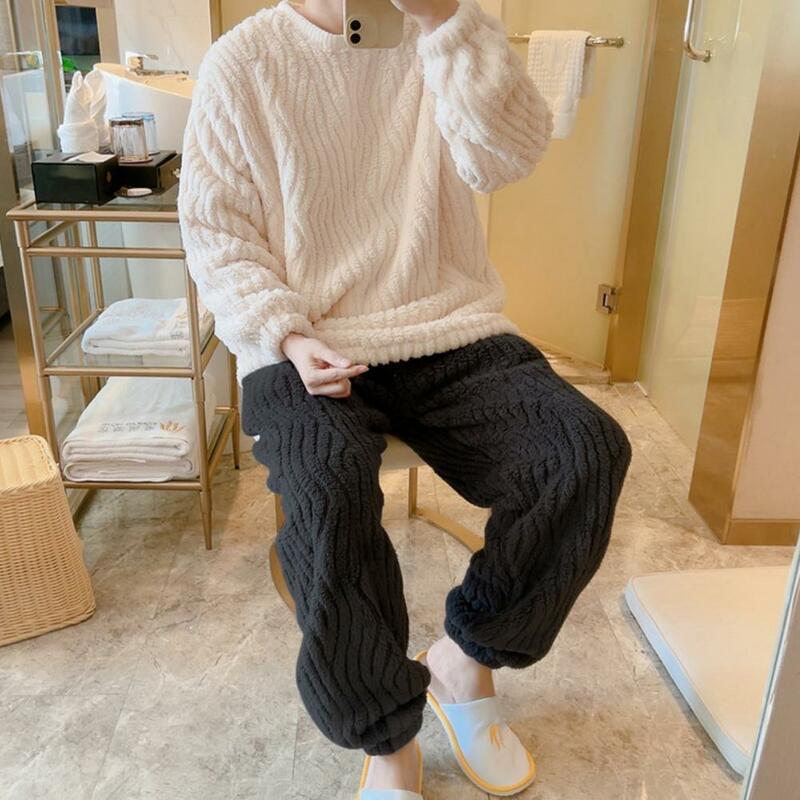 Windproof Warm Pajama Pants Set Cozy Men's Flannel Pajama Set Soft Touch Warm Loungewear for Autumn Winter Solid Color