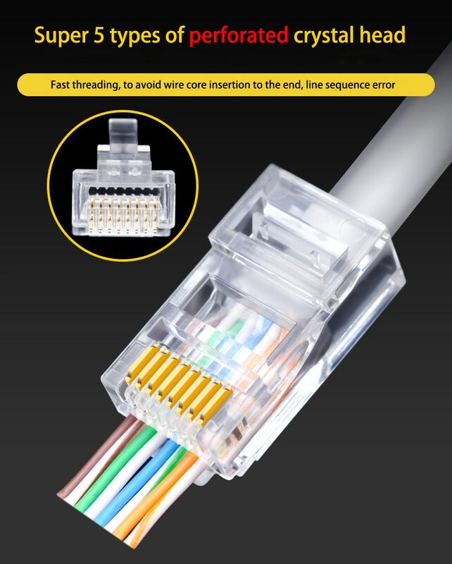 PC Laptop 10Pcs RJ45 moduł kable Ethernet wtyk złącze sieciowe RJ-45 kryształowe głowice Cat5 złote kabel warstwowy