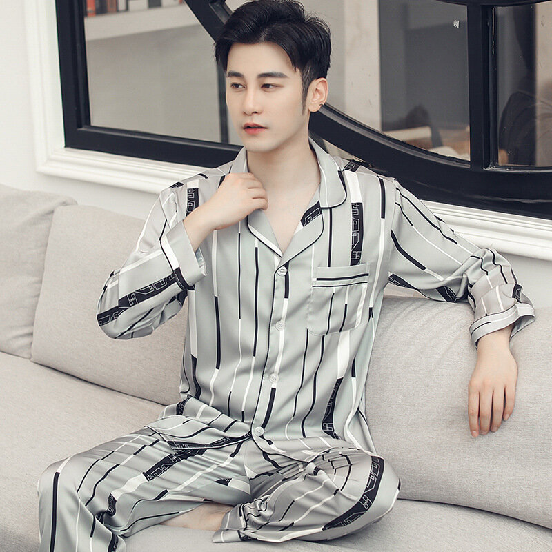 Nacht Pyjamas für Männer Satin Pyjama Set Silk ASleeping Anzug Herbst Frühling Homewear Kleidung Gedruckt Longe Hosen Nachthemd XXXL XXL