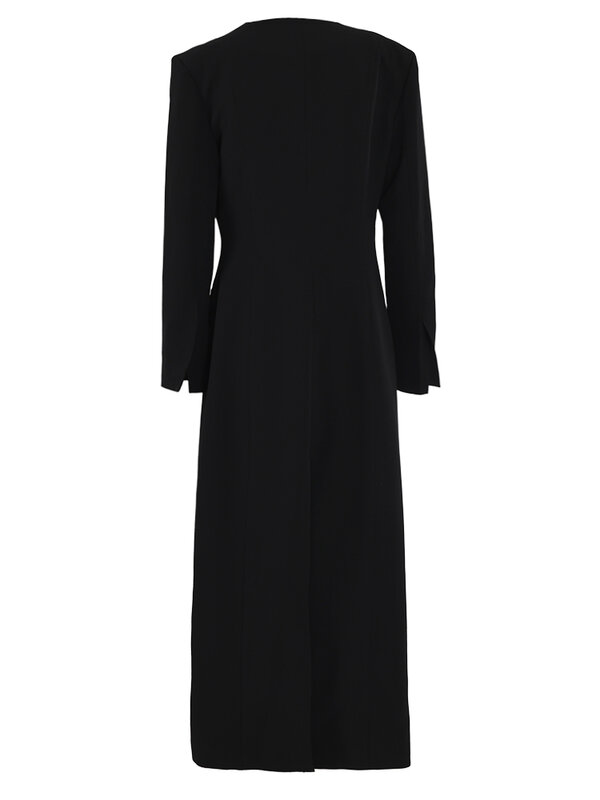 [EAM] женский черный элегантный Длинный блейзер на пуговицах, новинка, свободная приталенная куртка с v-образным вырезом и длинными рукавами, весна-осень 2024, 7AB1239