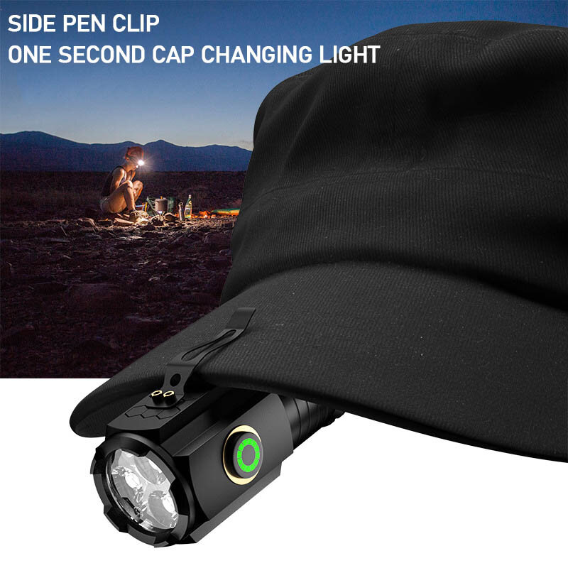Mini lanterna LED portátil, 3LED, luz ultra forte, luz de flash, USB recarregável, bateria embutida, clipe de caneta, ímã da cauda