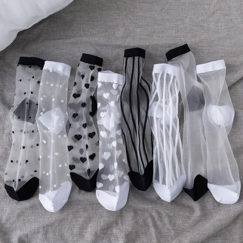 Meias de seda de cristal ultrafinas, meias transparentes, preto e branco, rede de malha sexy, harajuku fino, seda de vidro, moda verão