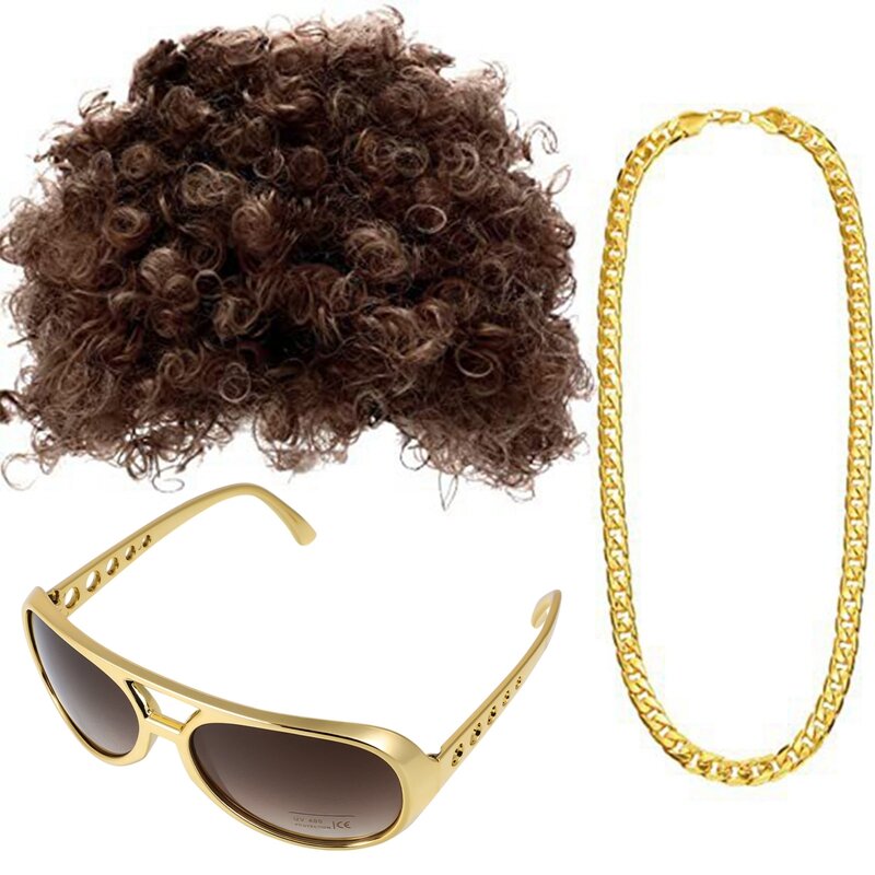 Disco Hip Hop Costume Set Funky Afro Wig  Sunglasses Mustache Stick Letter Peace Sign Necklace for 50/60/70s/80s Theme Party