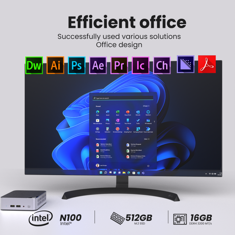 Mini Intel Desktop Gaming Computer, PC Gamer, Windows 11 Pro, N100, Intel 12th Gen, DDR4, 16GB, 512GB SSD, WiFi 5, BT4.2