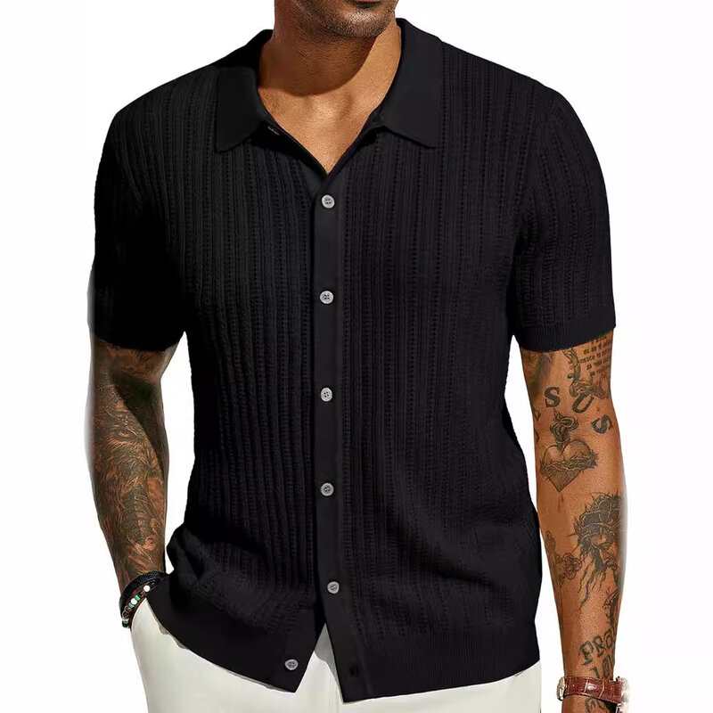 Camisa de punto para hombre, camisa de manga corta con solapa, cárdigan transpirable de un solo pecho, Top de verano