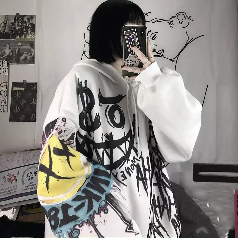 Hoodies punk engraçado japonês feminino, desenhos animados góticos, hip hop, moletons com capuz extragrandes, capuz feminino de manga comprida, outono
