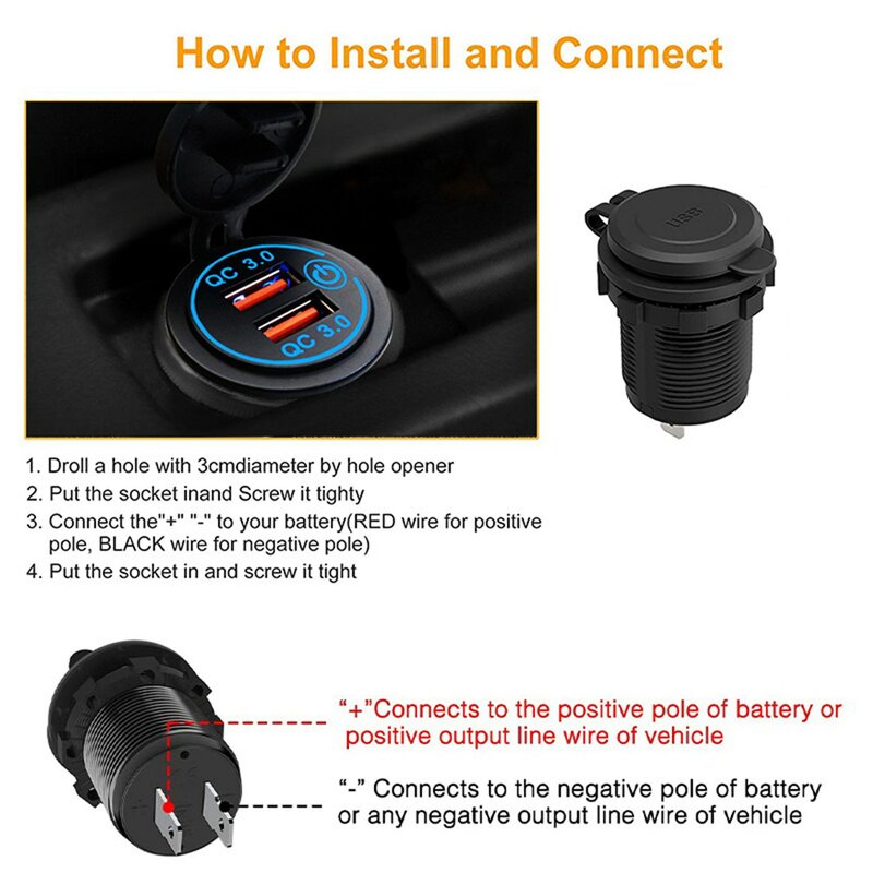 QC 3.0 듀얼 USB 차량용 충전기 소켓, 터치 스위치, 고속 충전 전원 콘센트, 12V-24V, 오토바이 보트 레드